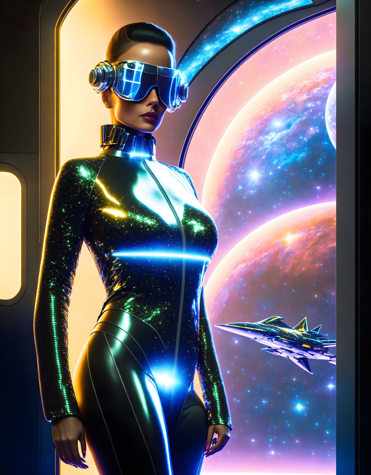 Futuristic woman in sleek spacesuit at spaceship window overlooking colorful planet