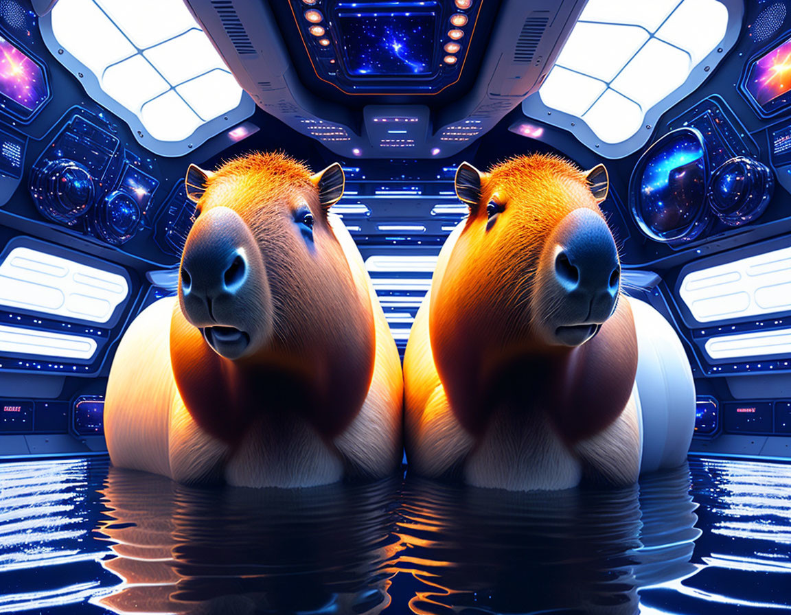 Capybaras in futuristic spaceship cockpit with neon lights & space view