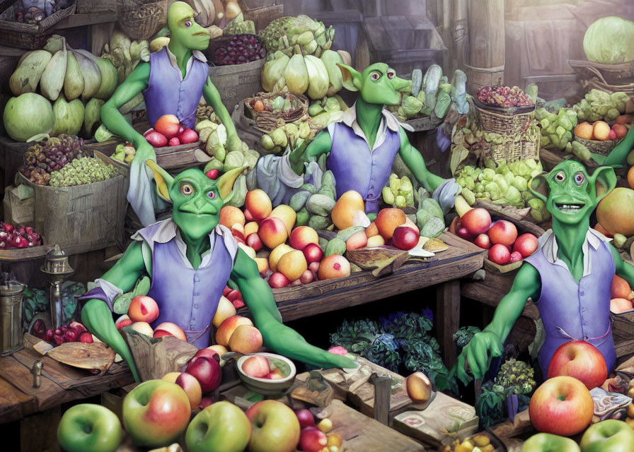 Animated goblin creatures selling fruits at wooden stall in rustic setting