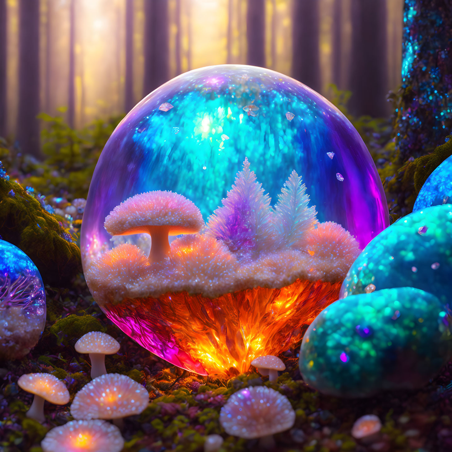 Fantasy forest scene with oversized iridescent bubble and frost-covered trees