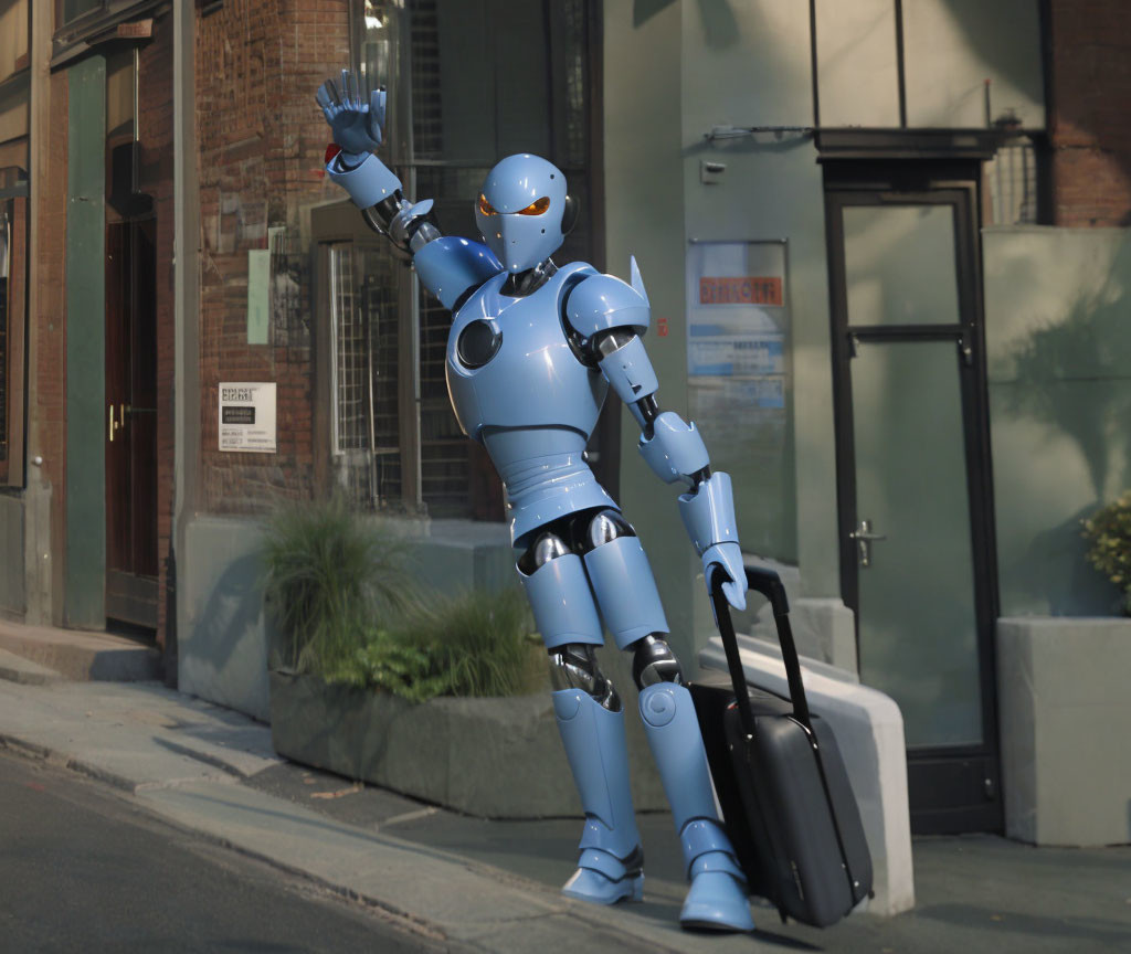 Sleek Blue Humanoid Robot Waving with Briefcase on Sidewalk