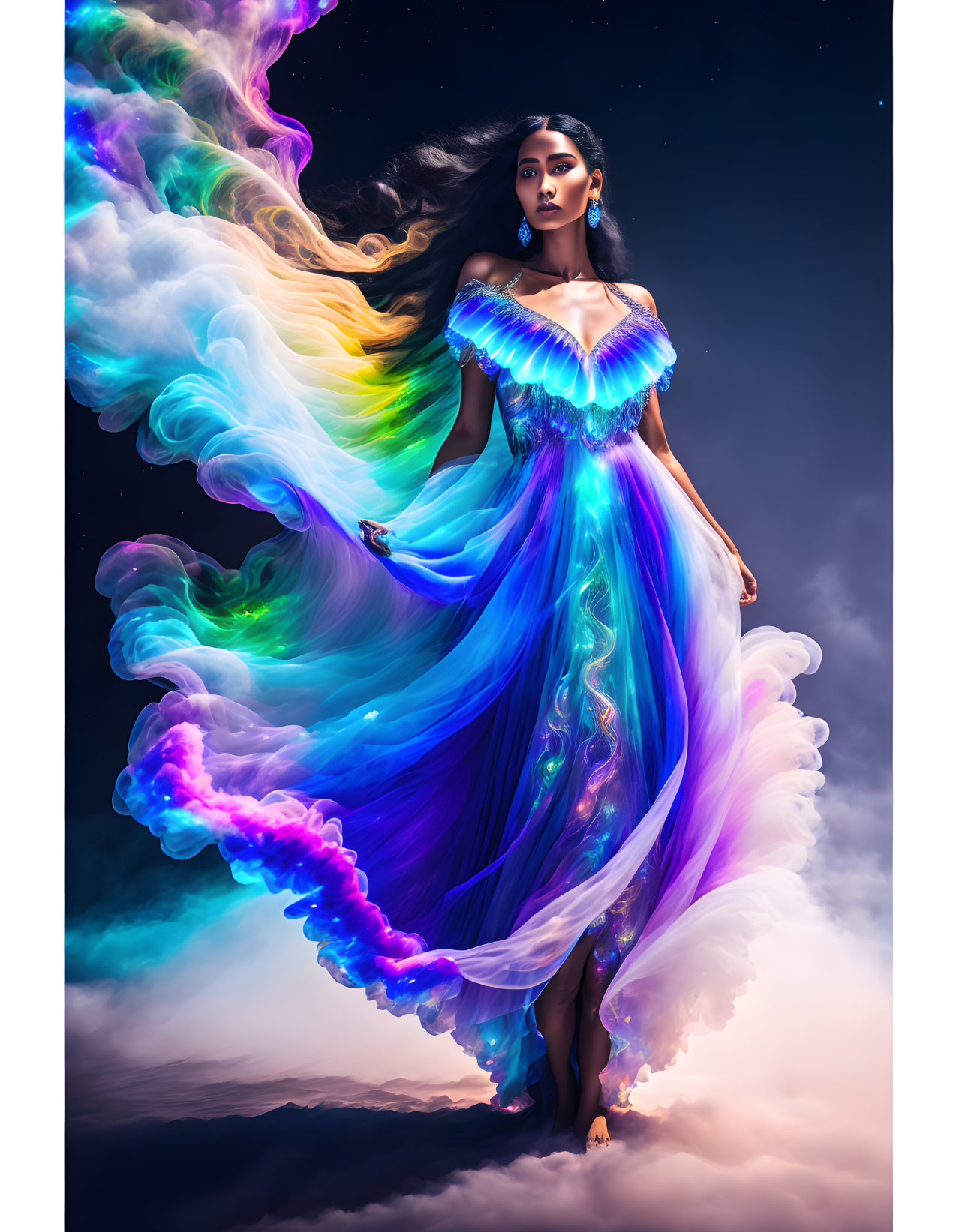 Woman in flowing dress merges with vibrant, multicolored smoke under starry sky