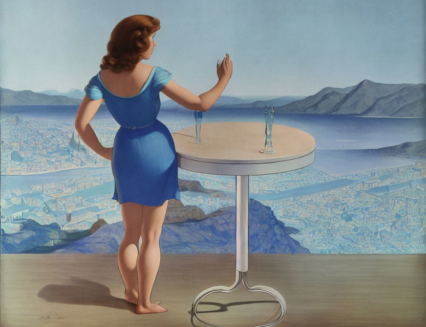 Woman in Blue Dress Admiring Coastal Cityscape from Round Table