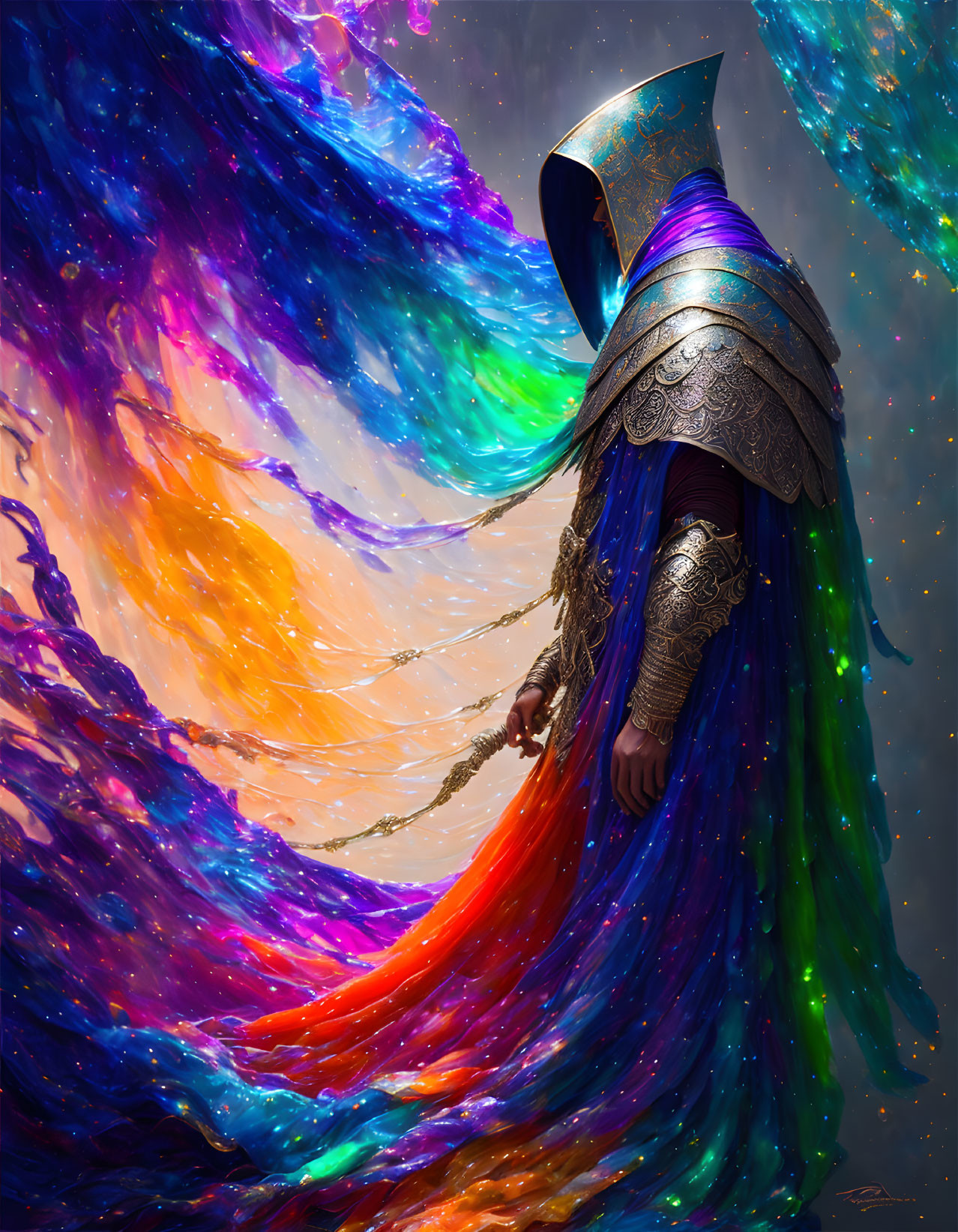 Cosmic-themed figure in ornate armor with flowing starry cape against nebula backdrop