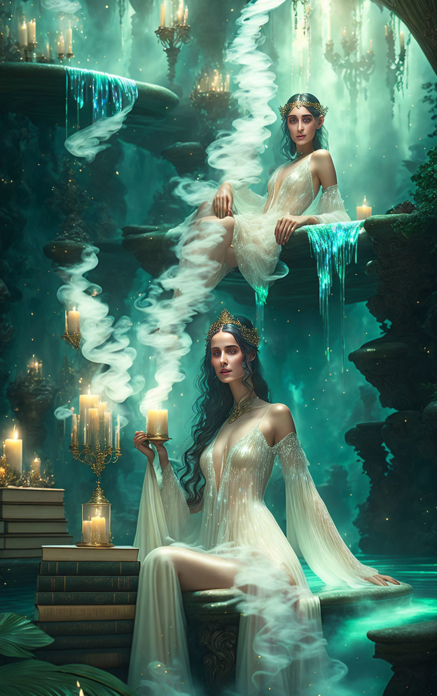 Ethereal women in mystical forest with waterfalls and candles