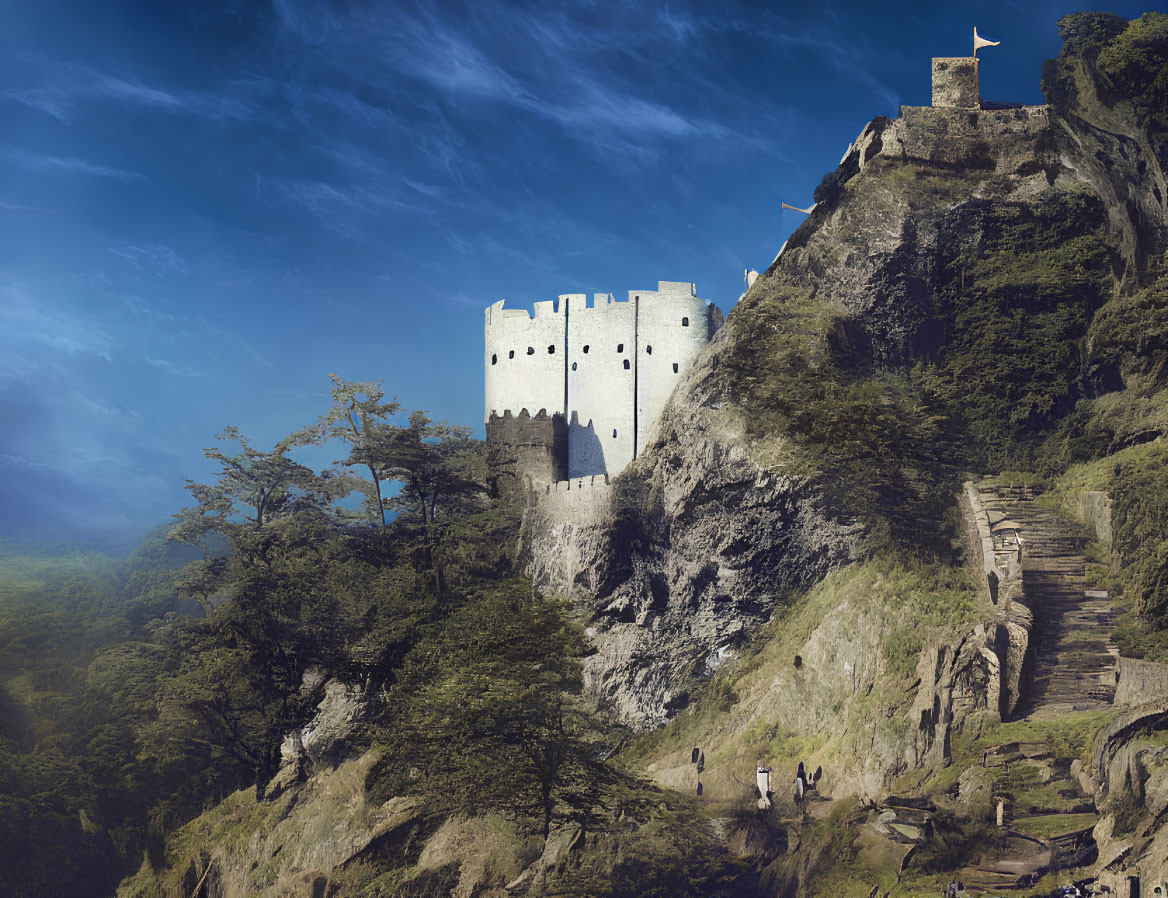 Stone castle on forested hill under clear sky with path to gates