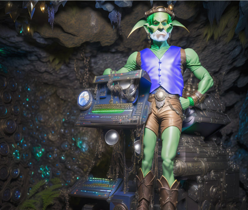 Green-skinned character with cybernetic accents at futuristic cave console