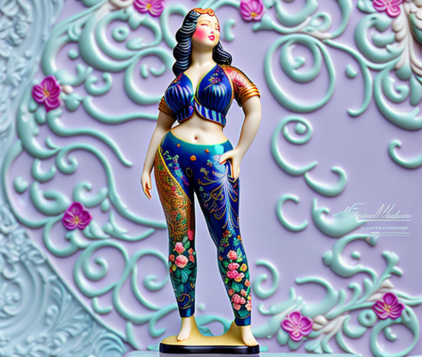 Colorful porcelain woman figurine with floral patterns on clothing against embossed background