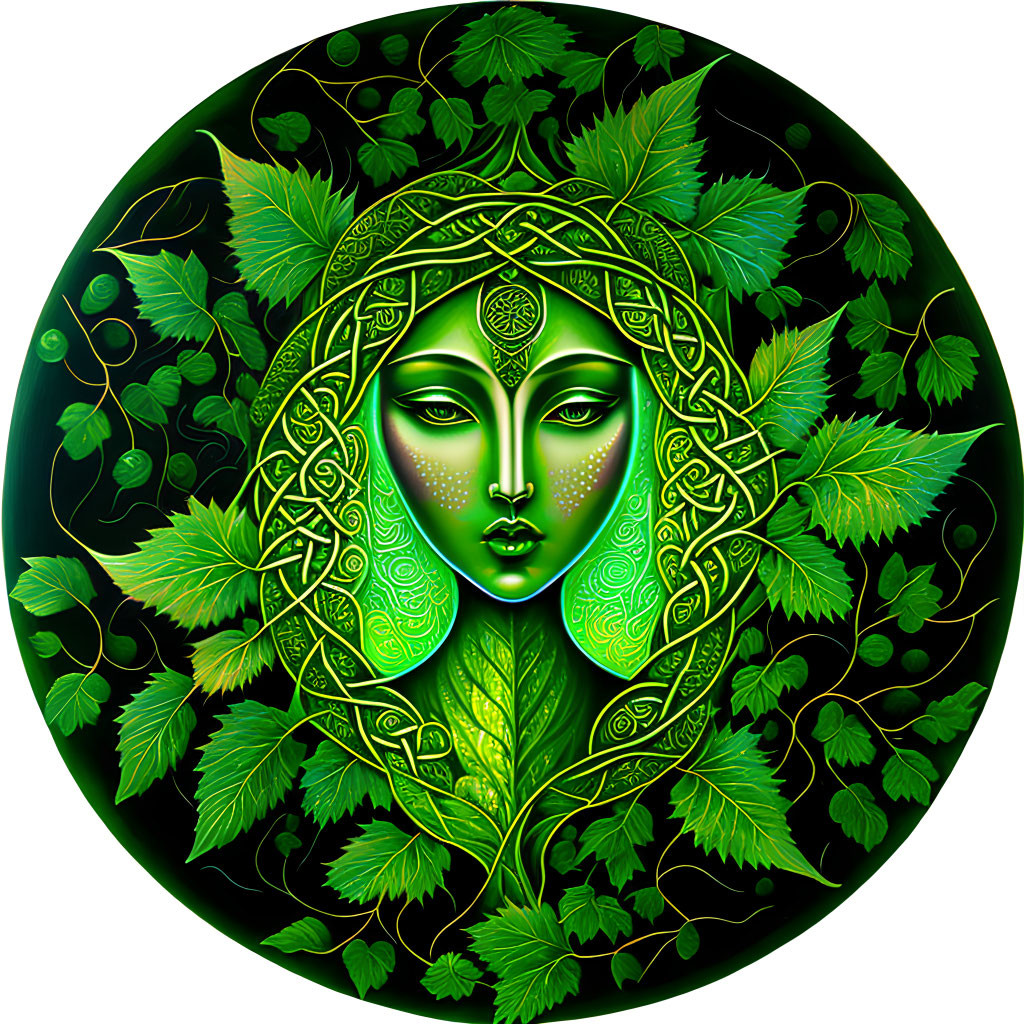 Green-toned woman's face in circular nature design.