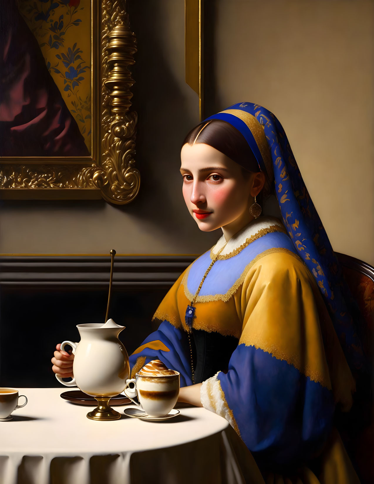 Woman in blue and yellow garment with teapot and cappuccino at table against classic painting backdrop