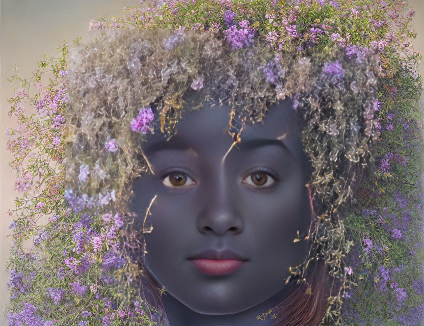 Digital painting of woman with floral hair merging with nature-inspired background