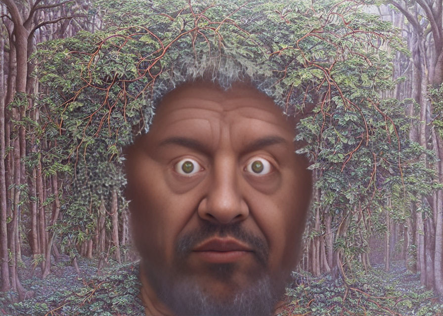 Man's face merged with forest elements in surreal image