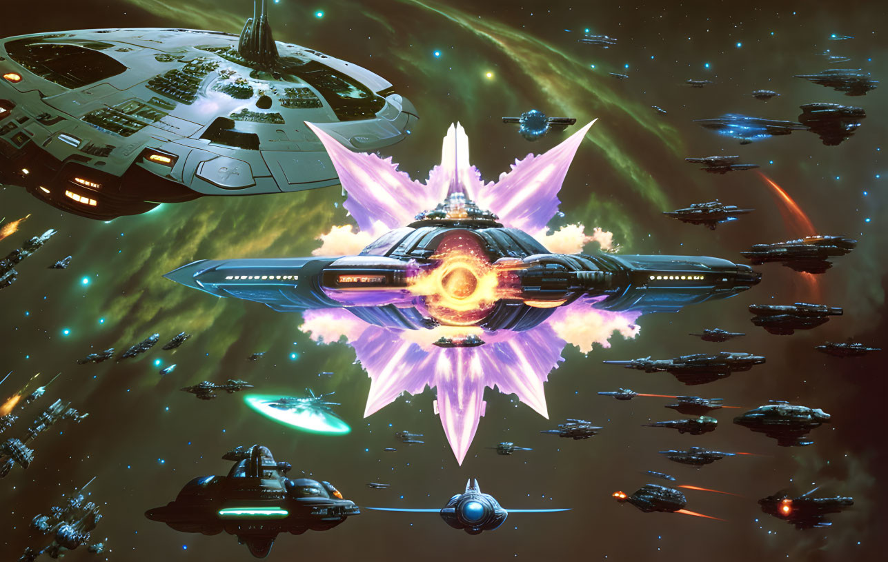 Sci-fi space battle scene with diverse spaceships and central beam firing in starry backdrop