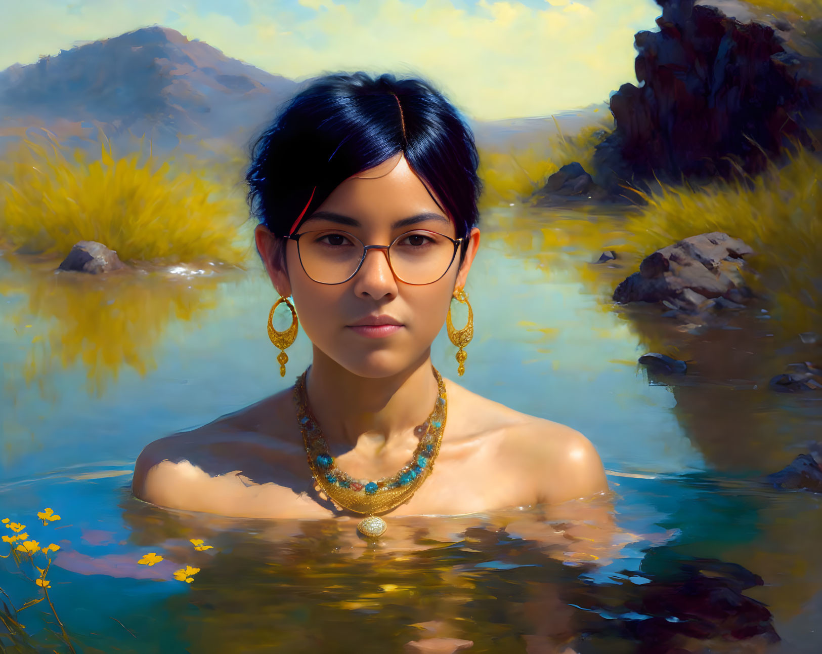 Person with Short Dark Hair and Glasses in Water with Mountain Backdrop