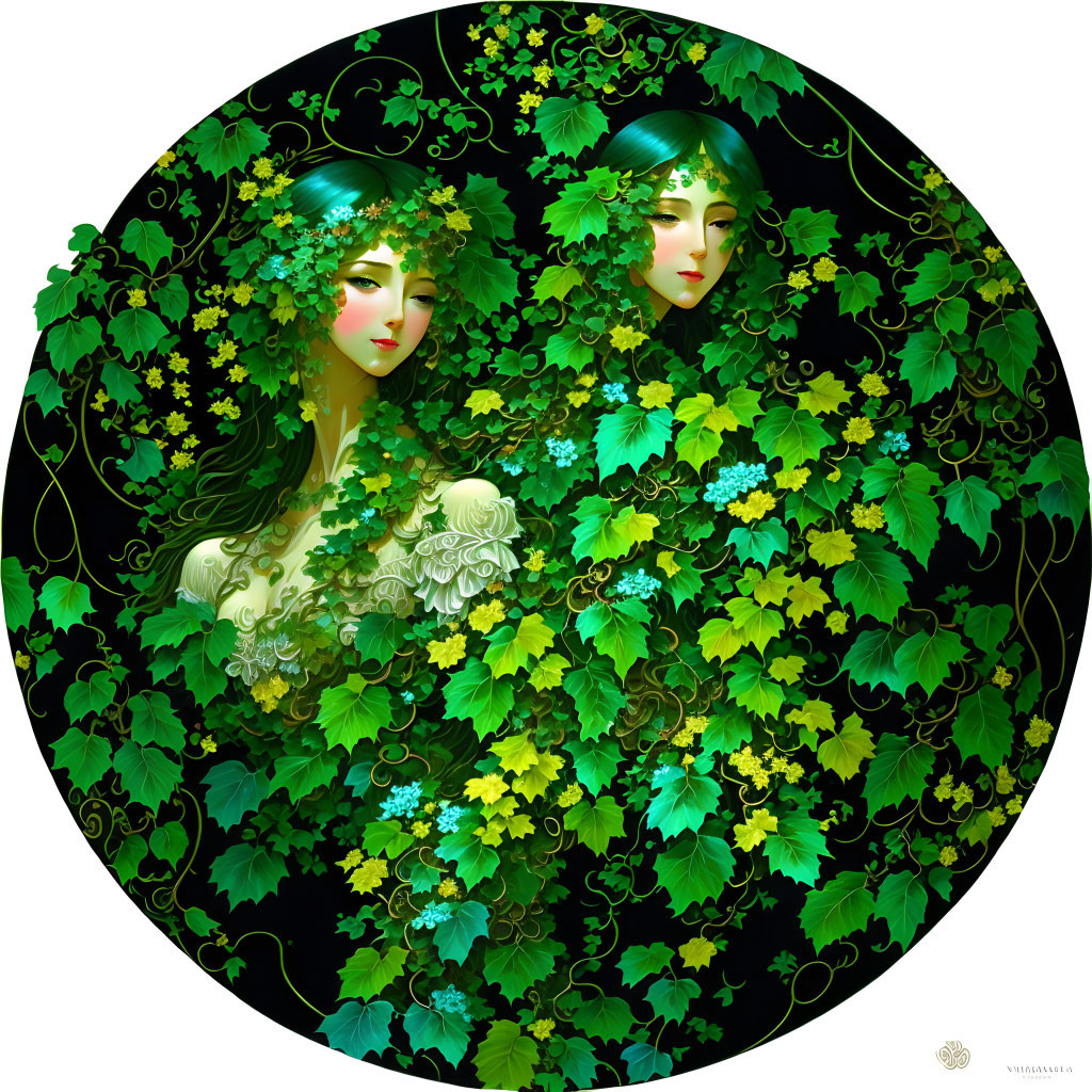 Digital Artwork: Entwined Female Figures with Leafy Hair in Lush Greenery