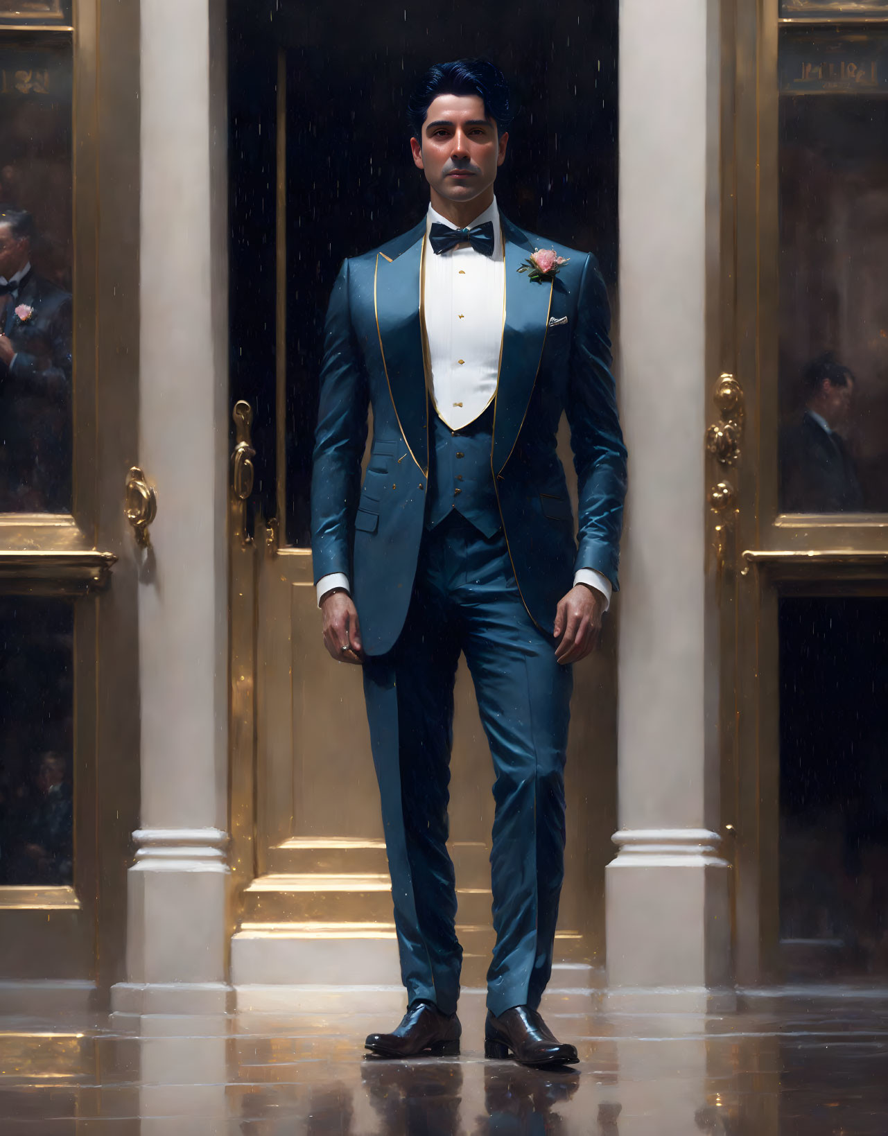 Elegant man in blue tuxedo with black lapels and bow tie.