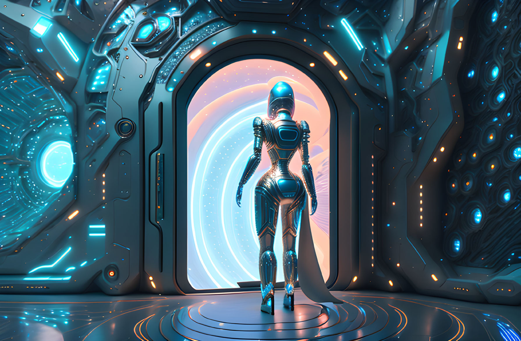 Futuristic corridor with humanoid robot and circular door