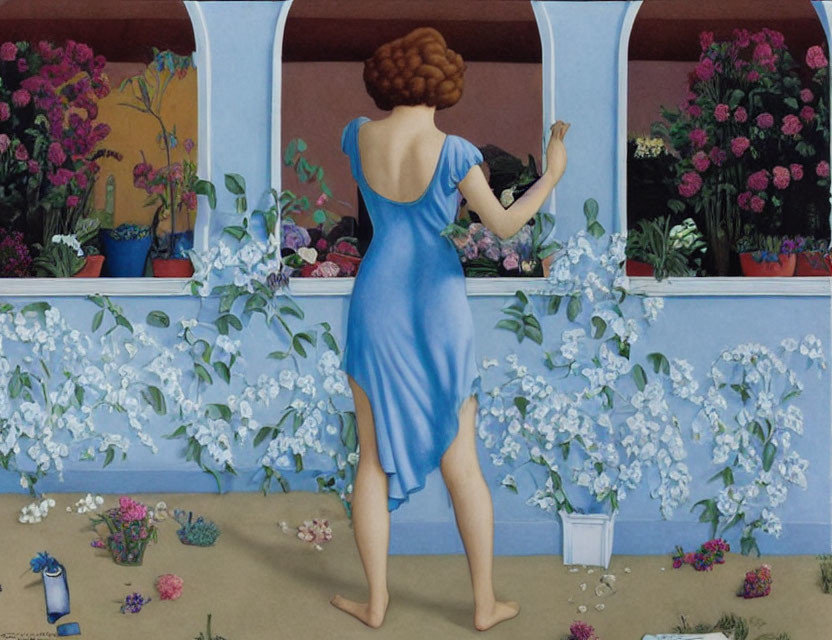 Woman in Blue Dress on Flowered Balcony gazes into Distance