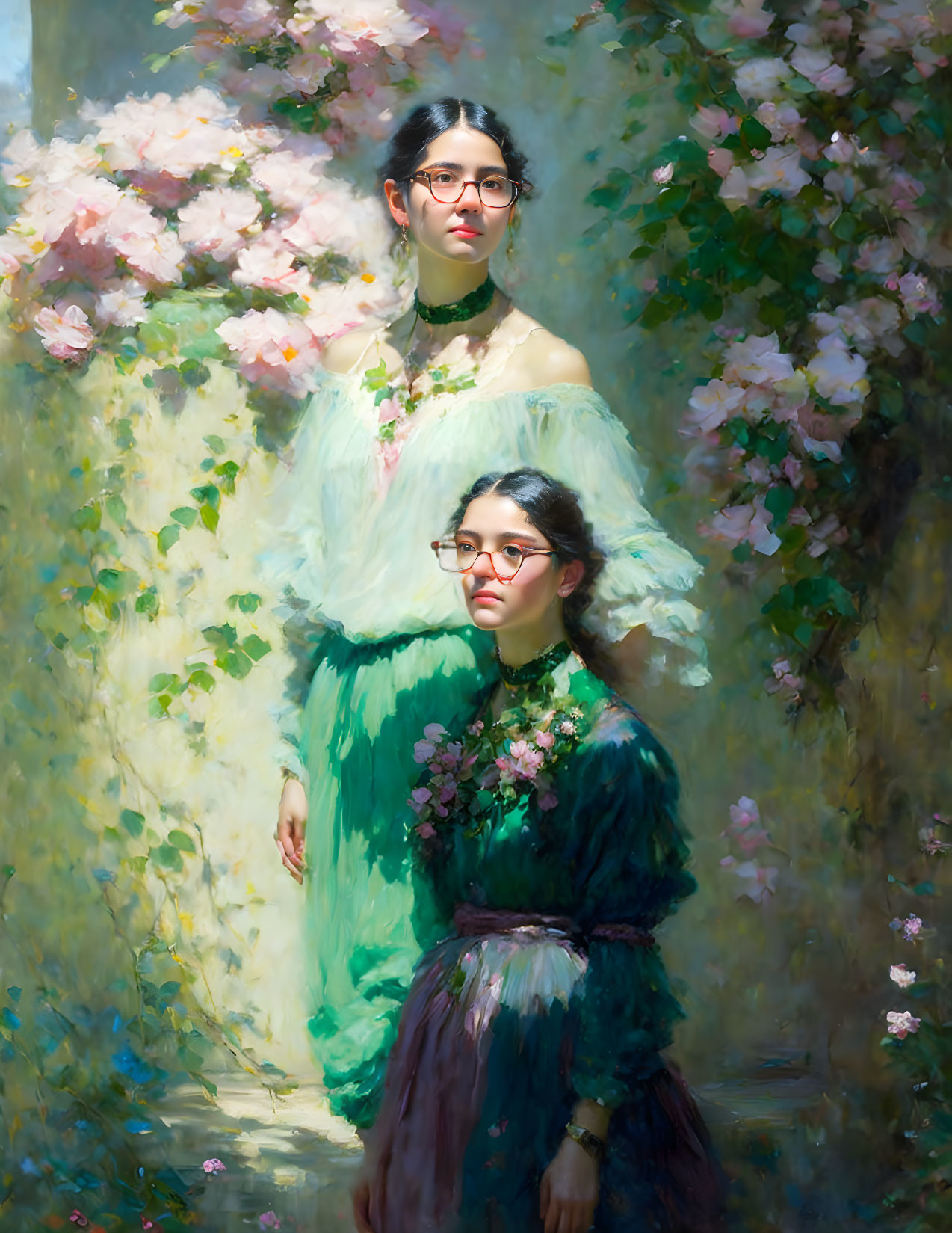 Two girls in vintage dresses with glasses among blooming flowers