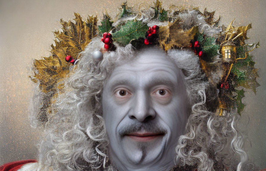 Person's face merged with classic portrait in festive crown