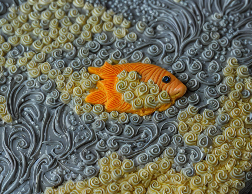 Intricate orange fish-shaped piece on textured gray and yellow background