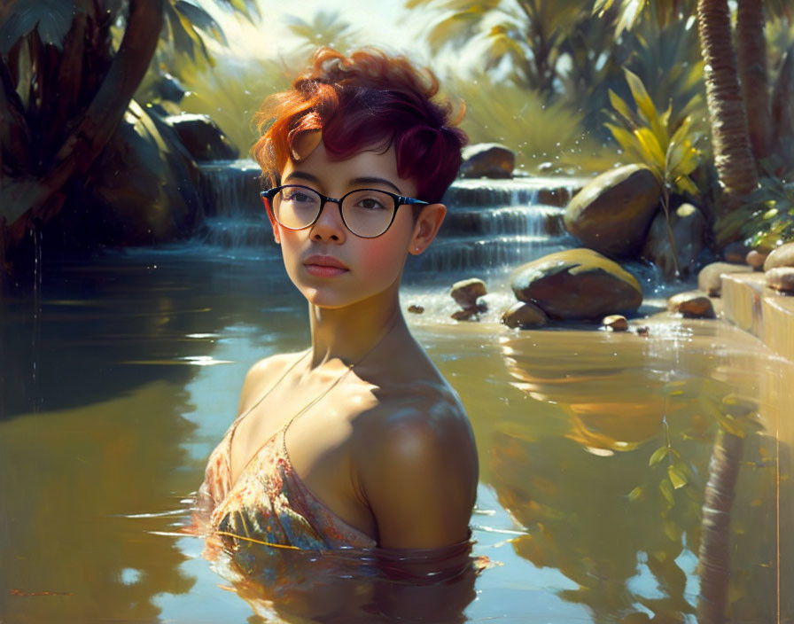 Digital painting: Red-haired person with glasses in jungle water scene