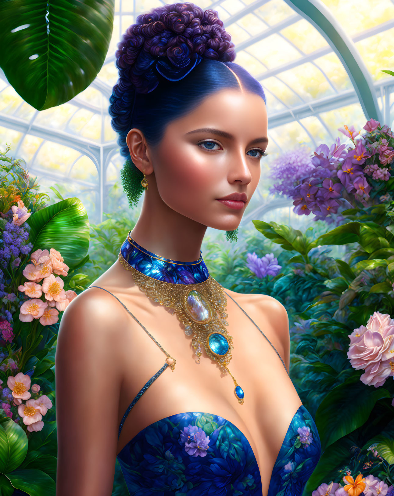 Blue-Haired Woman in Elegant Updo with Jewelry in Floral Greenhouse Setting