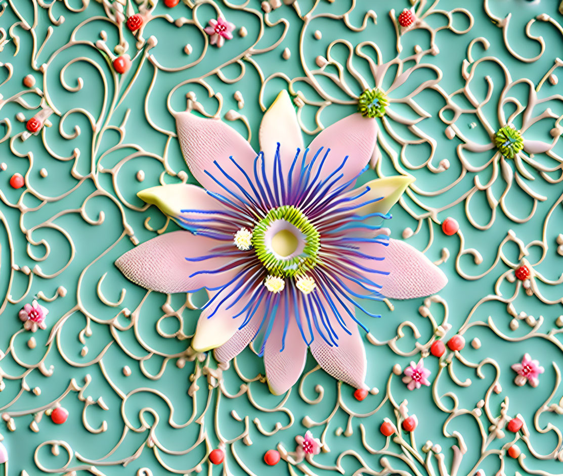 Stylized pink flower with blue and yellow stamen on teal background