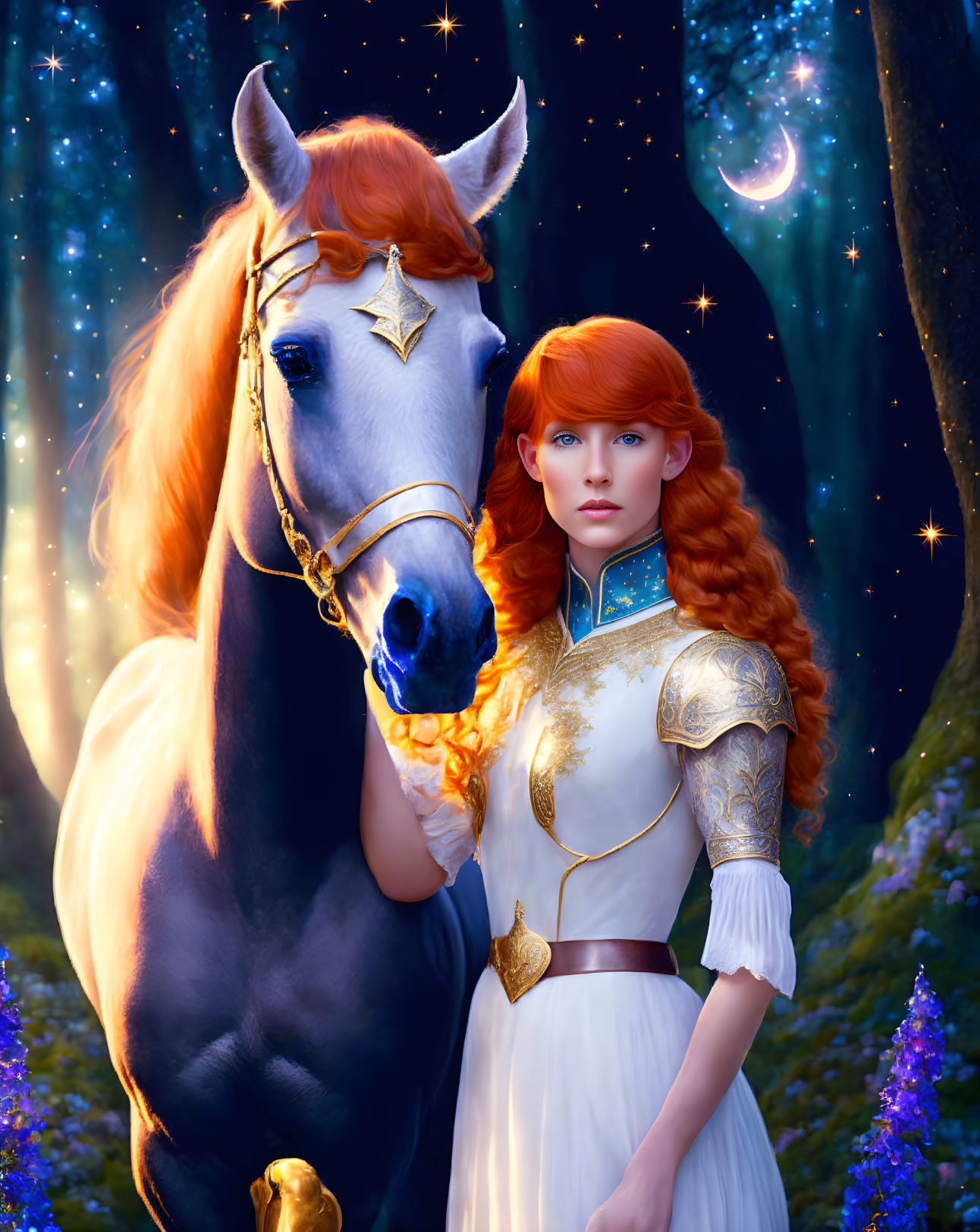 Red-haired woman in white medieval dress with white horse in mystical forest.