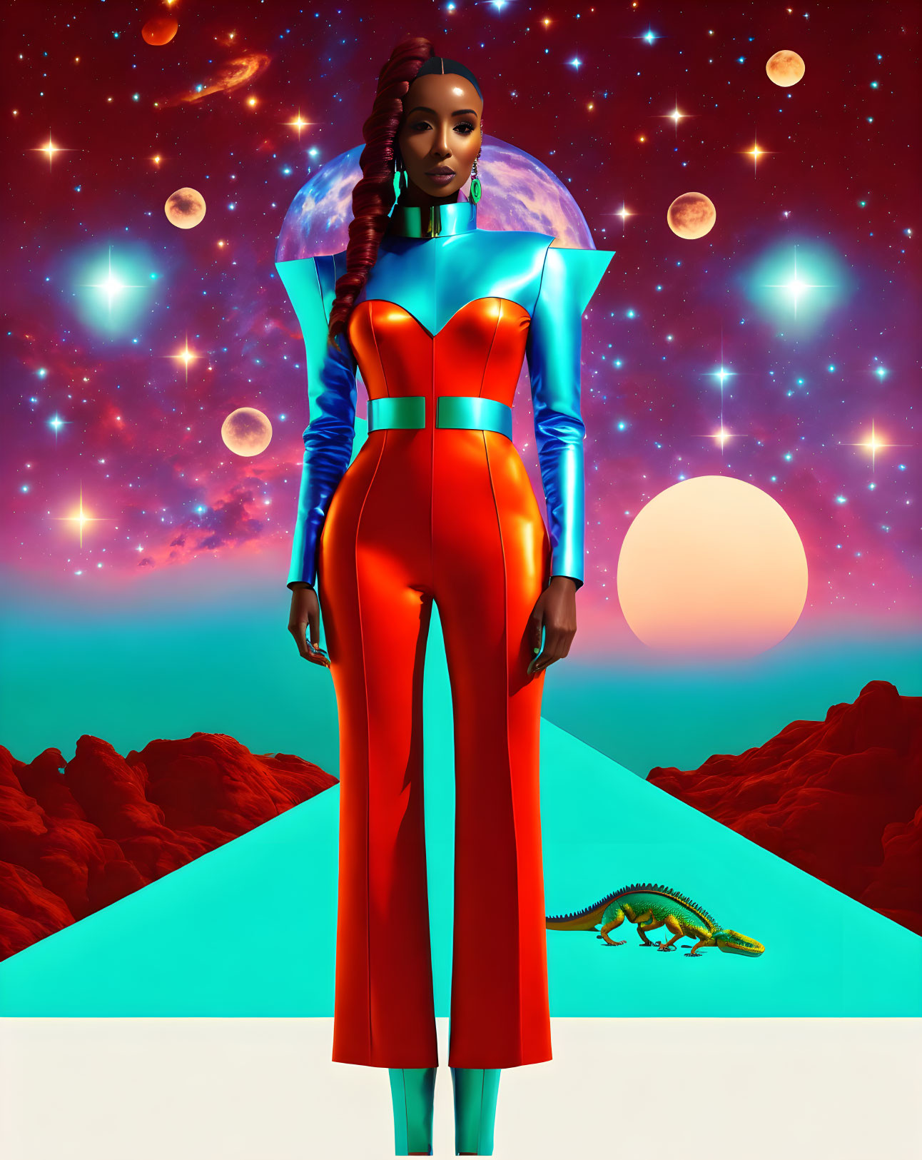 Futuristic woman in colorful attire on red alien landscape