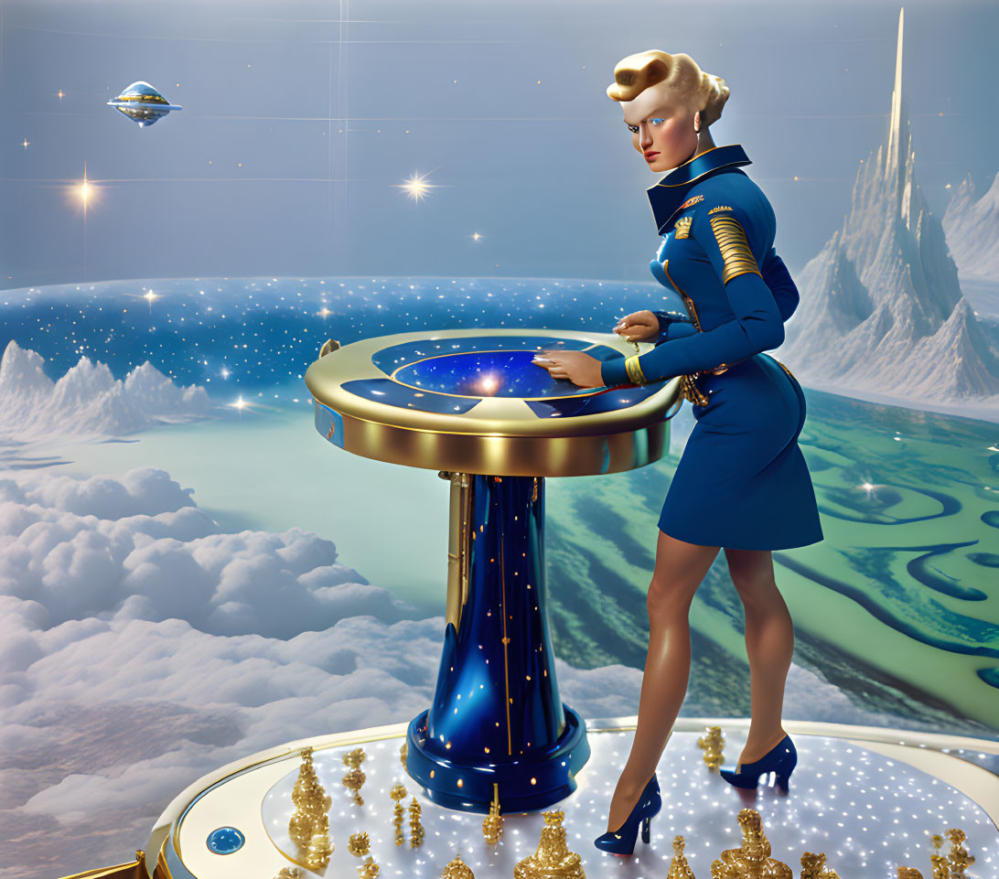 Futuristic female figure in blue uniform at holographic console above clouds