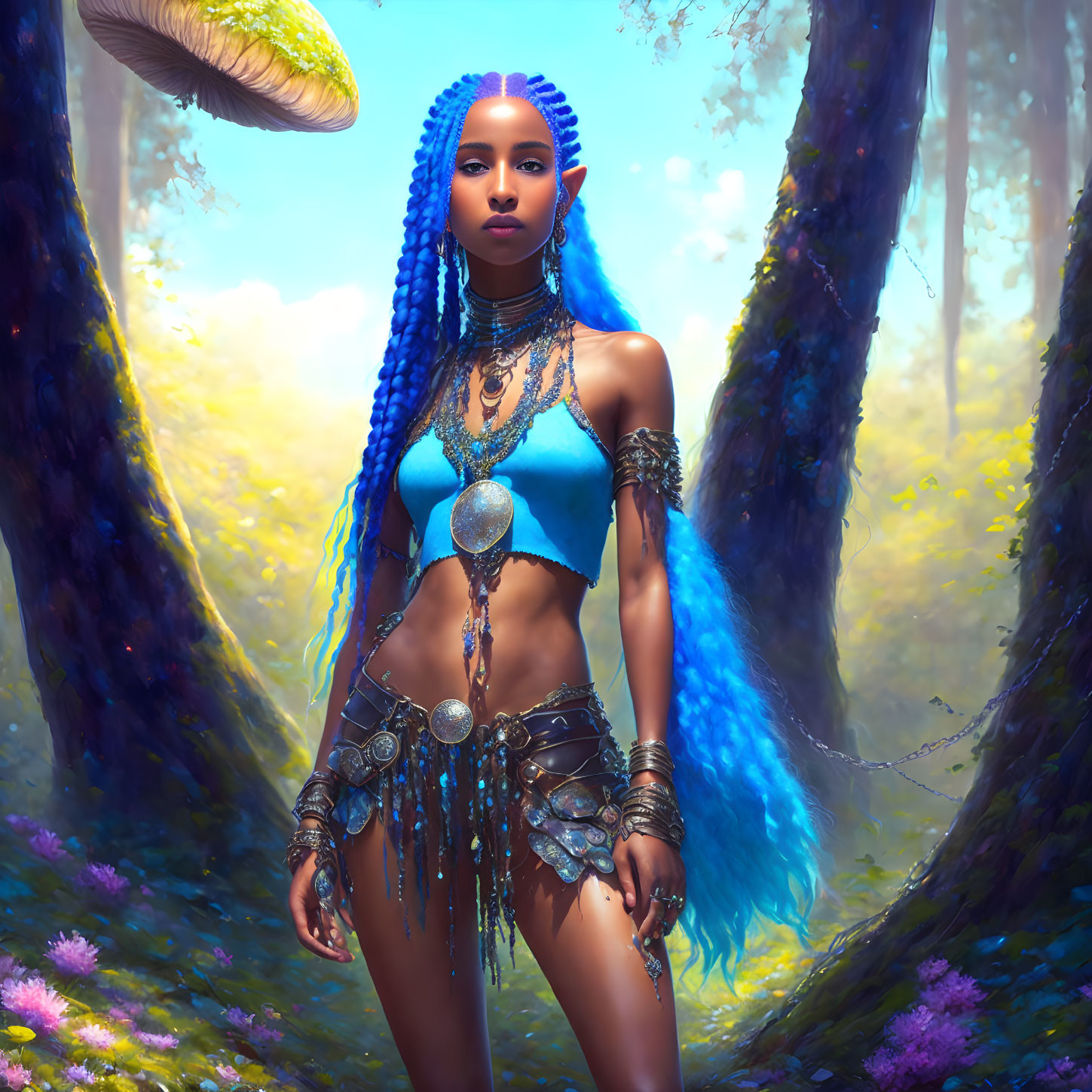 Vibrant blue-haired woman in mystical forest with glowing light