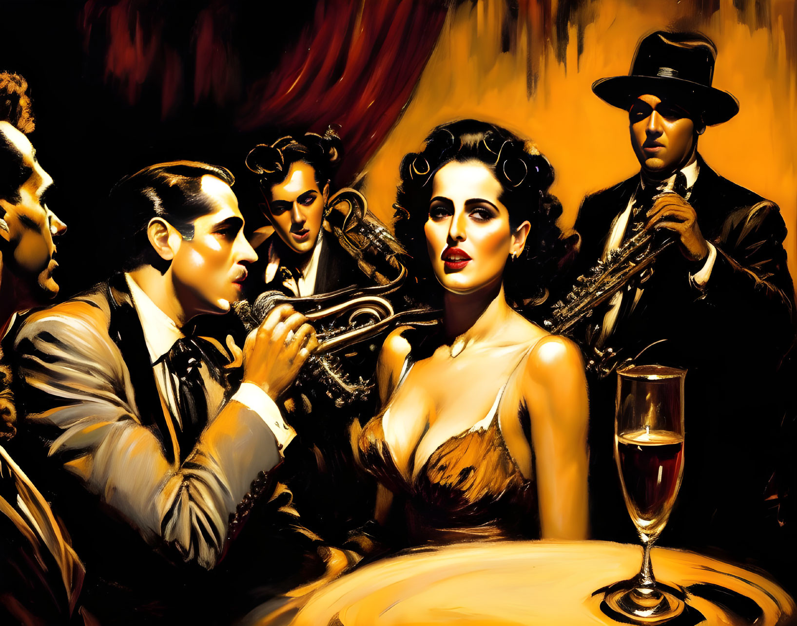 Stylized painting of glamorous woman with men in vintage attire and trumpet