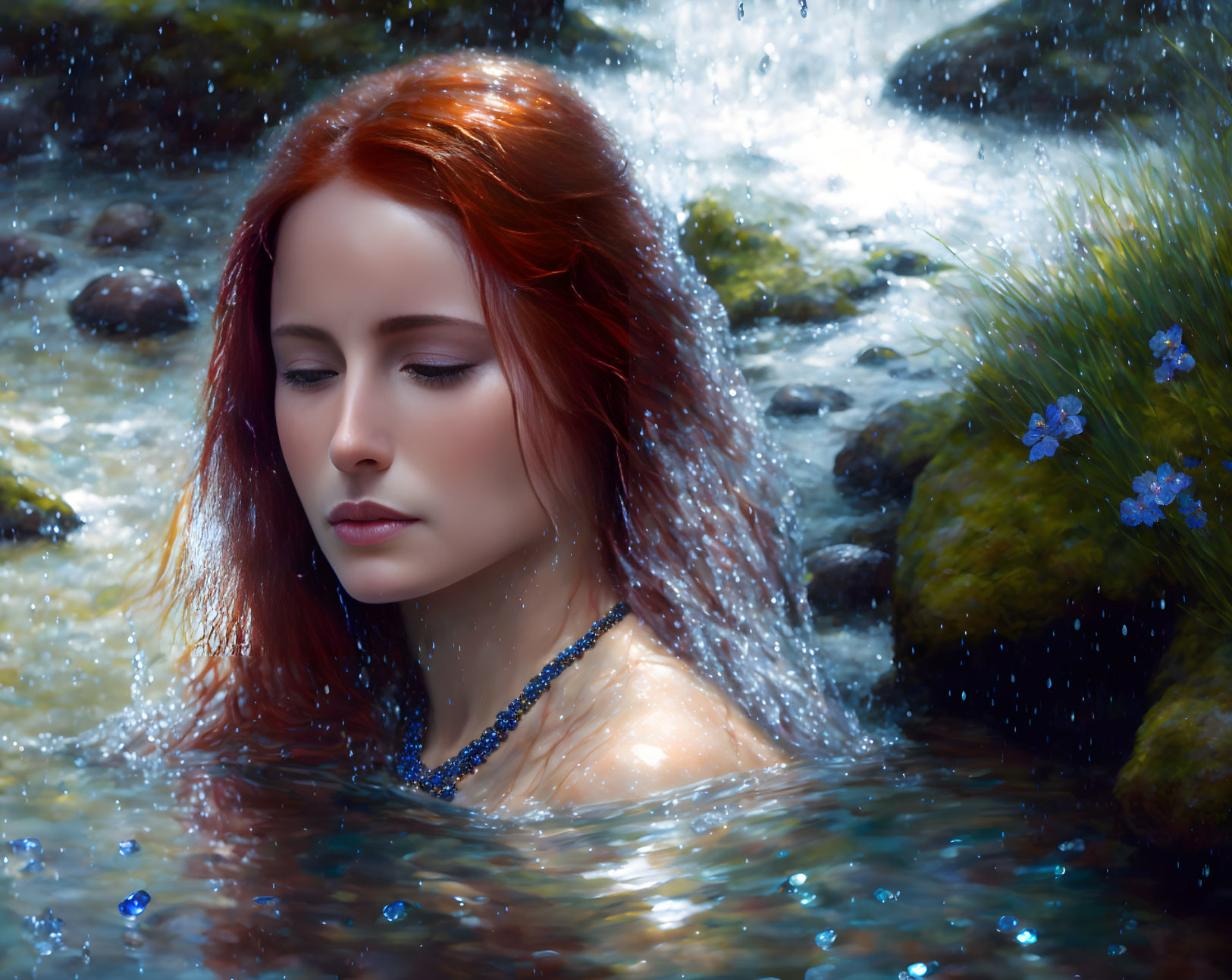 Red-Haired Woman Submerged in Water Surrounded by Nature and Blue Flowers