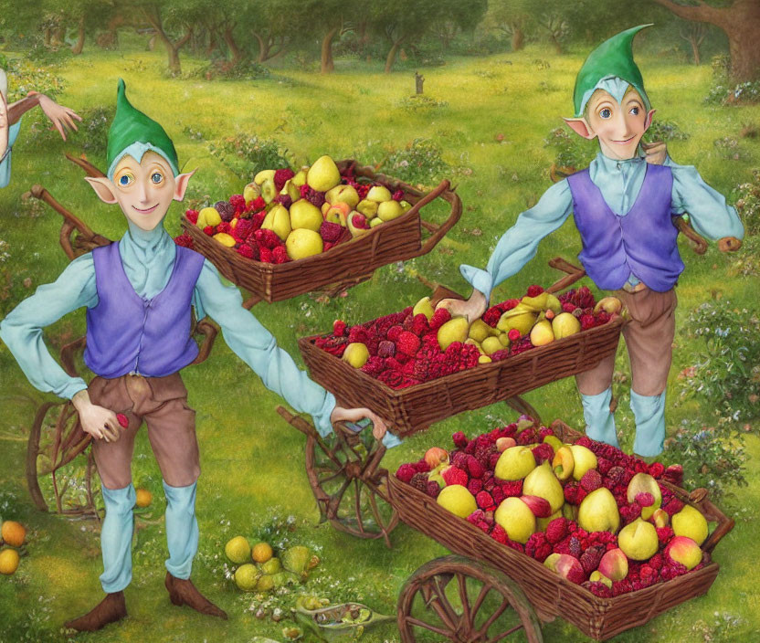 Illustrated elves with fruit baskets in green orchard