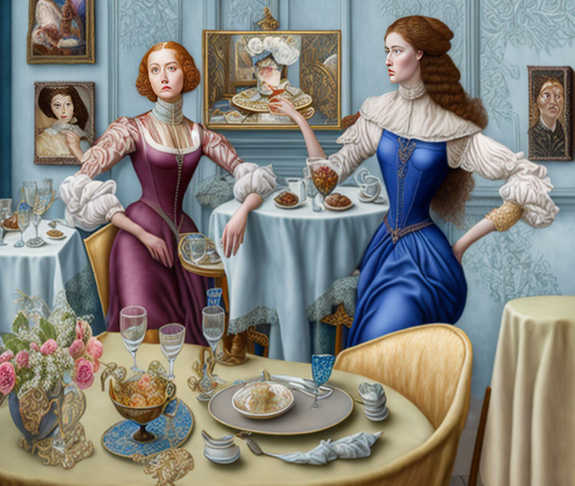 Historical dresses: Elegant women at table with peculiar portraits