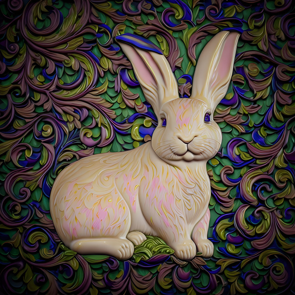 Stylized 3D rabbit with iridescent fur on colorful swirl pattern background