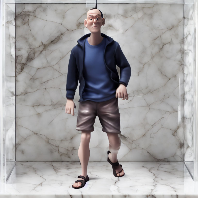 3D animated male figure in blue hoodie and glasses on marbled background