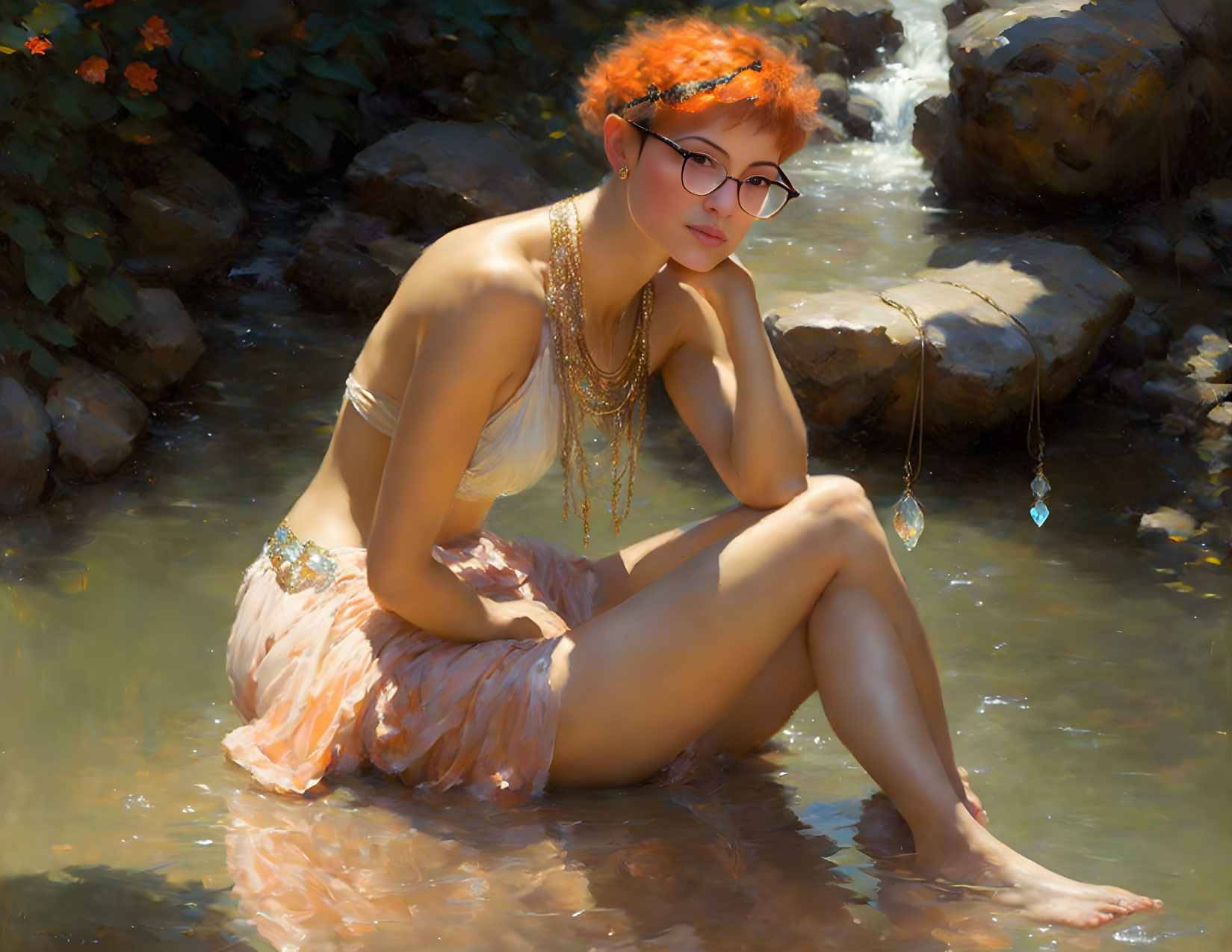 Red-haired woman in glasses by stream in serene setting wearing white & peach outfit with gold jewelry