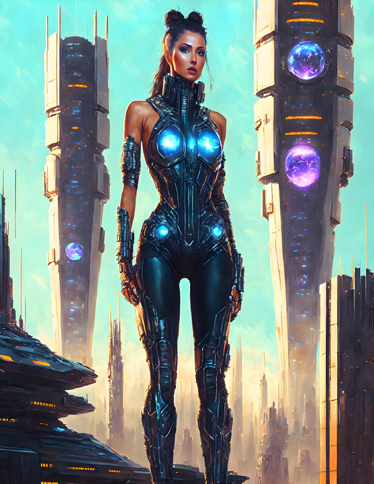 Female cyborg in glowing suit amidst city skyscrapers.