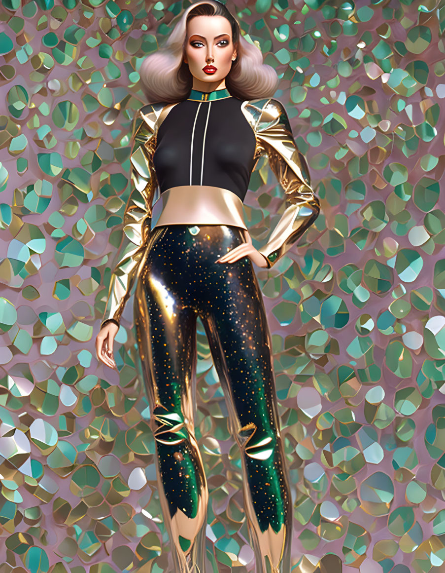 Woman in Black and Gold Outfit with Glittery Pants on Metallic Background