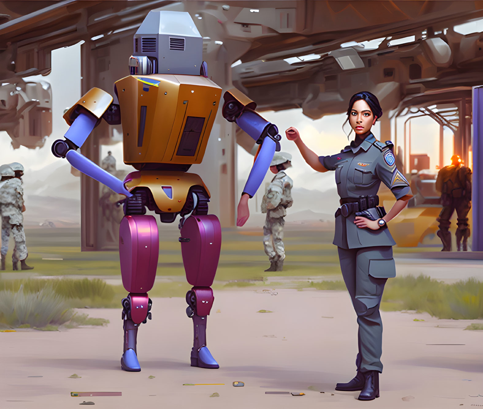 Woman in military uniform with robot and soldiers at industrial facility