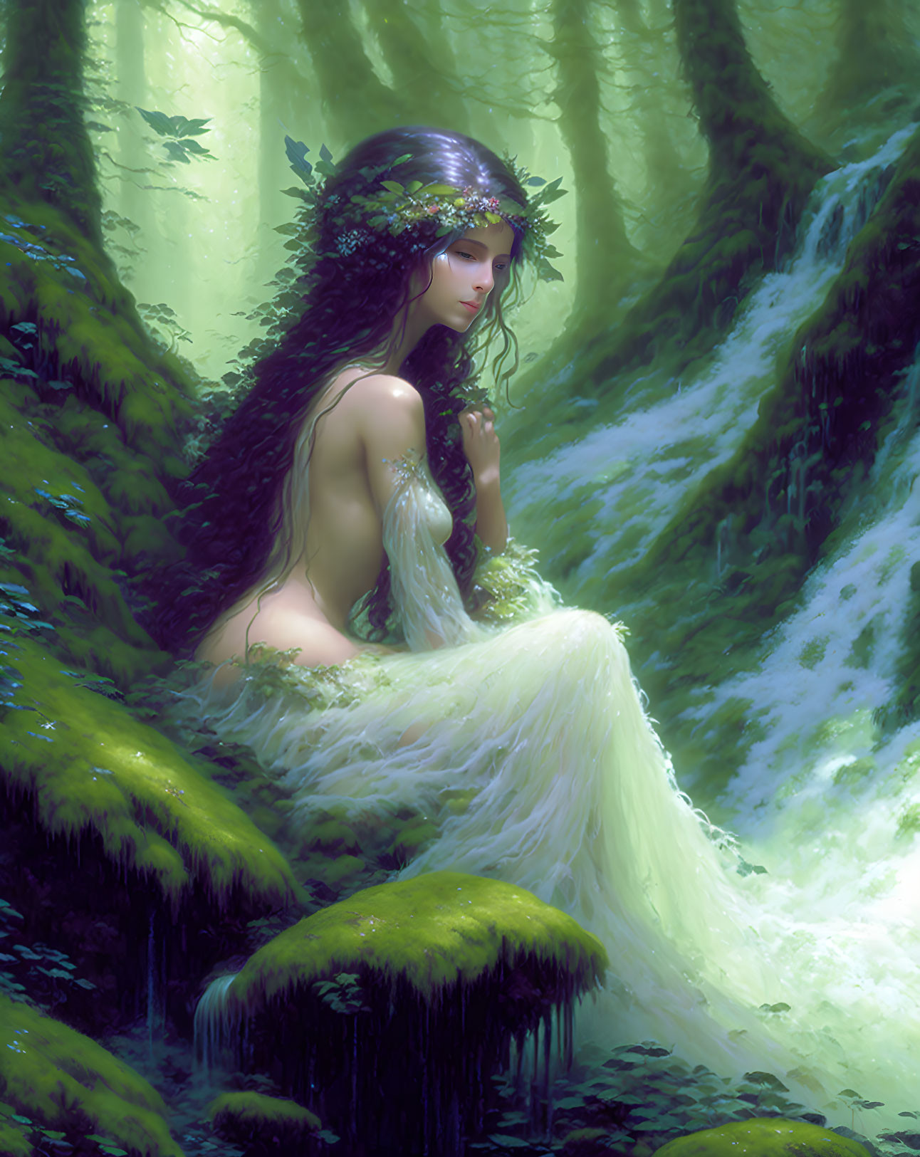 Mystical forest scene: serene female figure with leafy crown