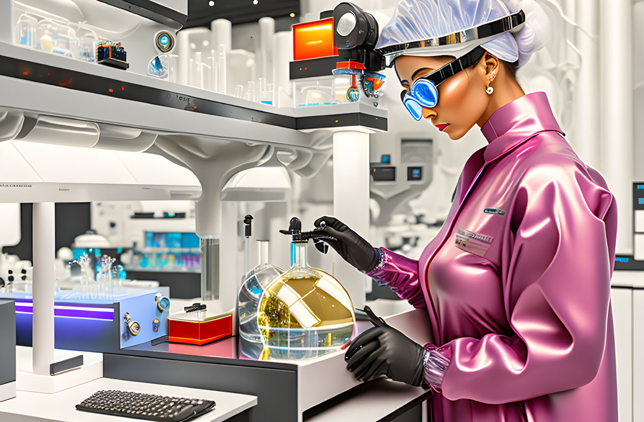 Futuristic female scientist in high-tech lab with glowing substance