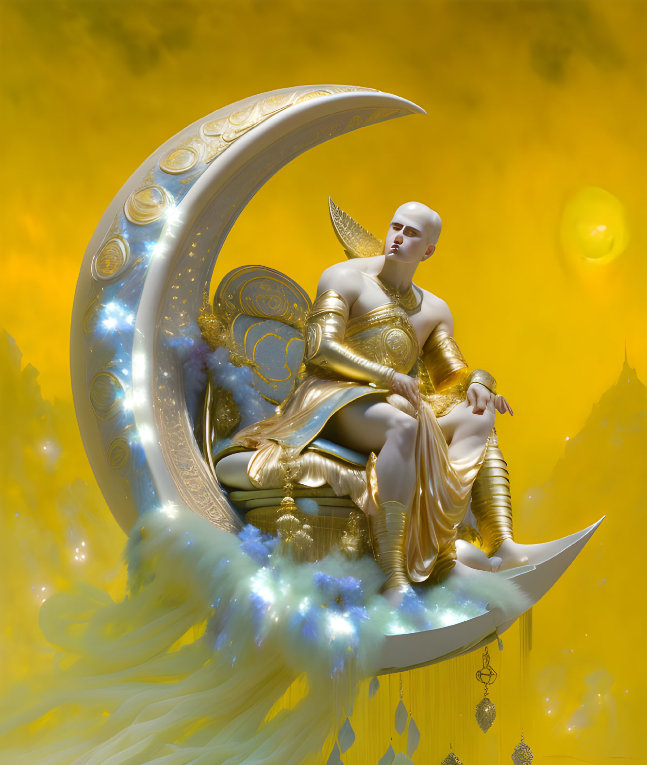 Golden-armored figure on crescent moon in ethereal setting