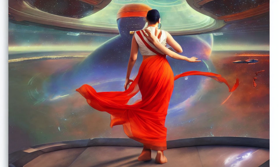 Person in Orange Dress in Futuristic Observatory with Space View