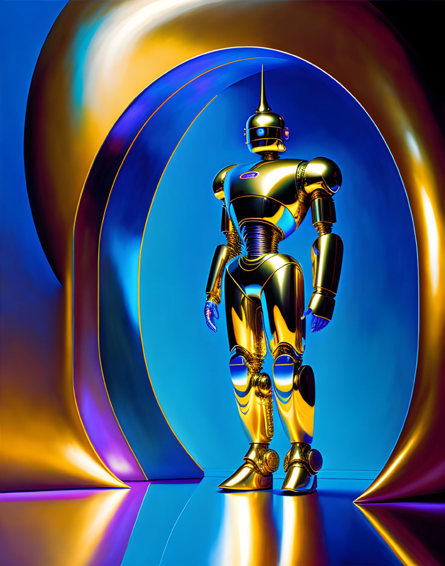 Shiny Gold Robot in Surreal Tunnel with Futuristic Vibe