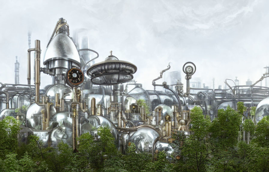 Futuristic industrial cityscape with metallic structures and greenery