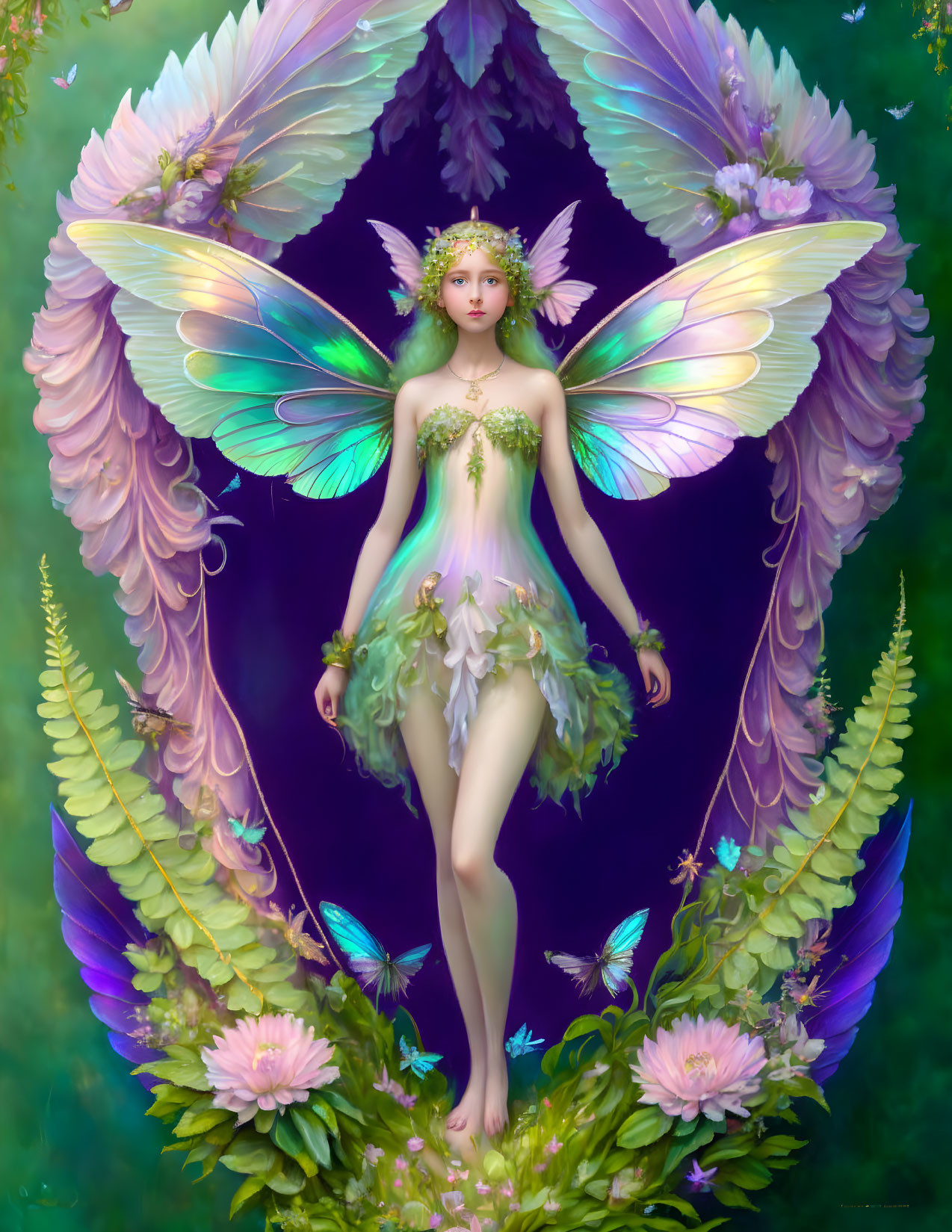 Fantasy illustration of a winged fairy in lush foliage with butterflies