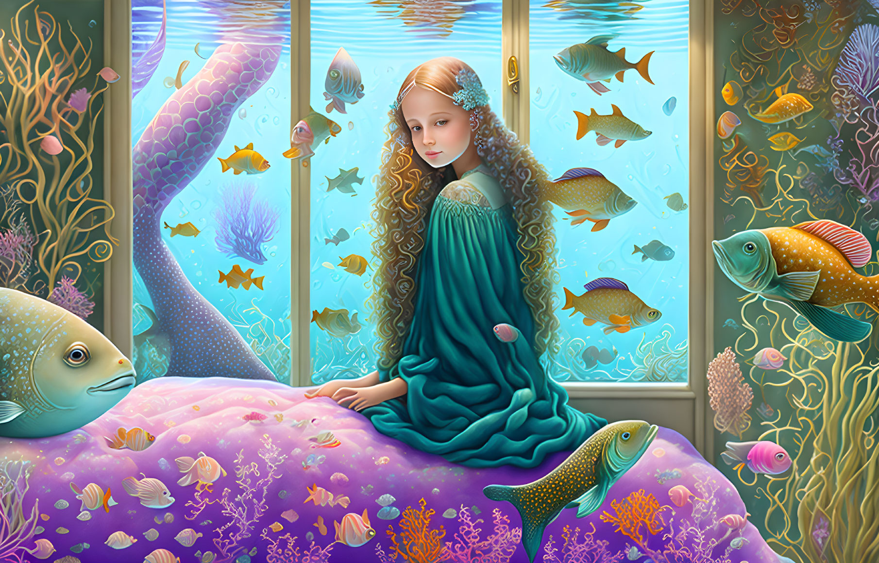 Mermaid-like girl by underwater window with fish and coral.